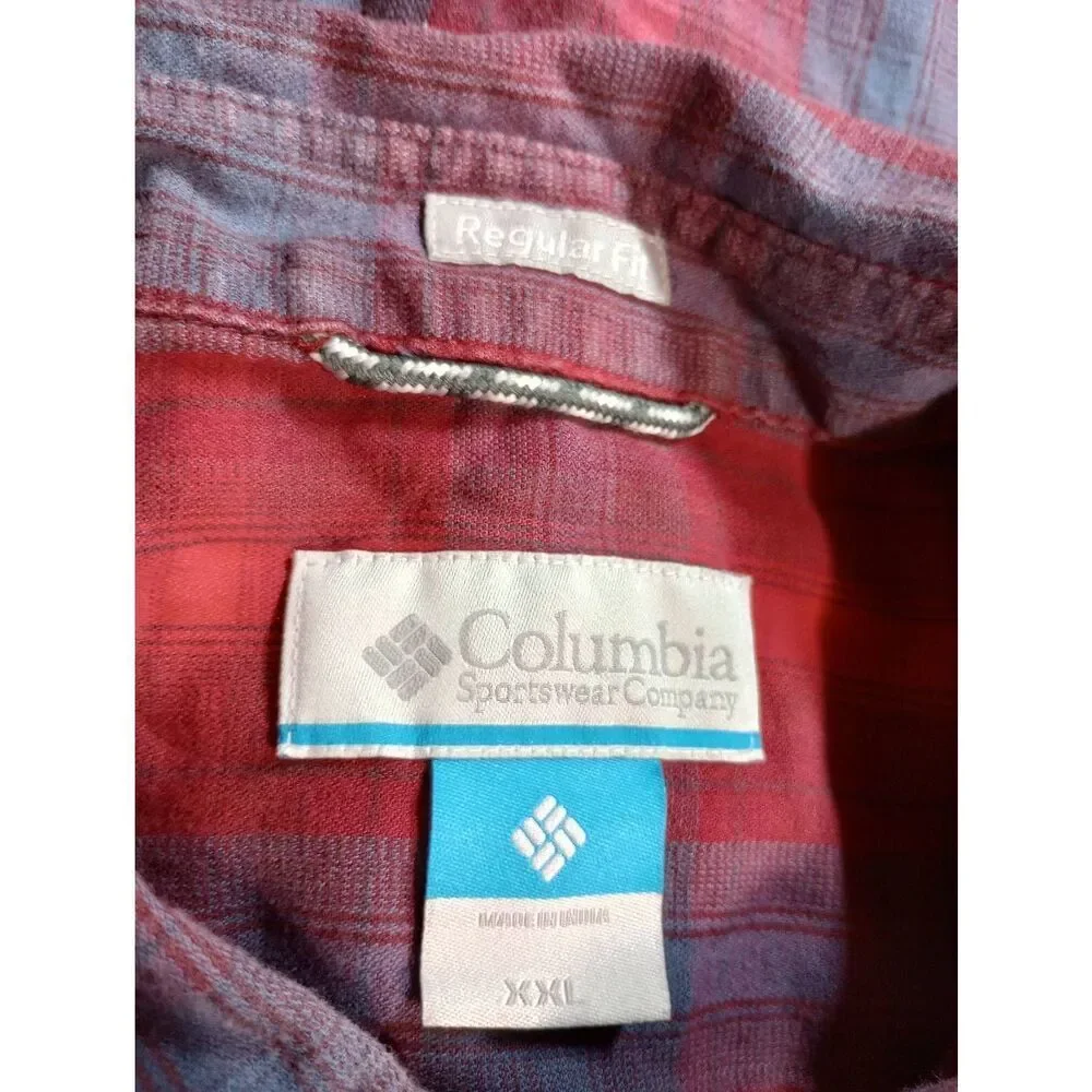 Columbia Shirt Men's 2xl Red Plaid Button Front Long Sleeve Flannel Hiking Outdo